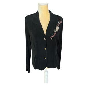 Vikki Vi Petite Black Slinky Top Gold Buttons Embroidery Size Medium Petite